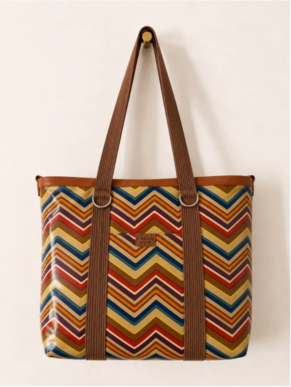 Fossil Key-Per Chevron Tote Bag Multicolor Coated Canvas Large Tote